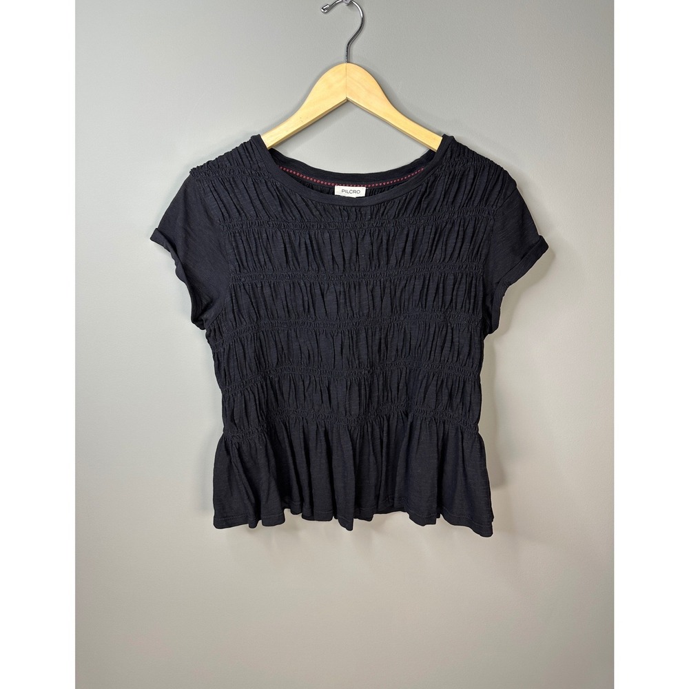 Pilcro Smocked Peplum Top Womens Medium Black Short Sleeve Slub Knit